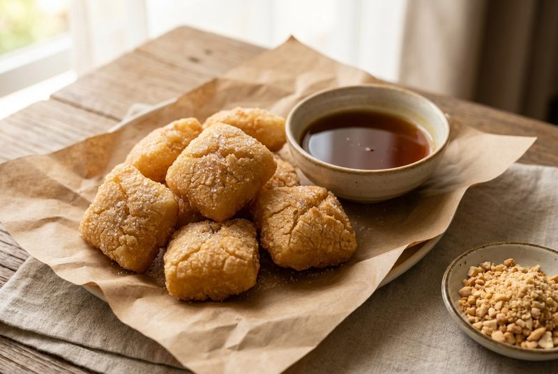 炸年糕：外酥里糯，配椰糖和花生碎