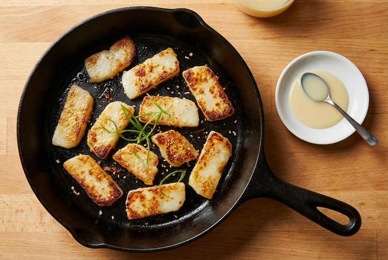 煎年糕：铸铁锅小火慢煎至金黄