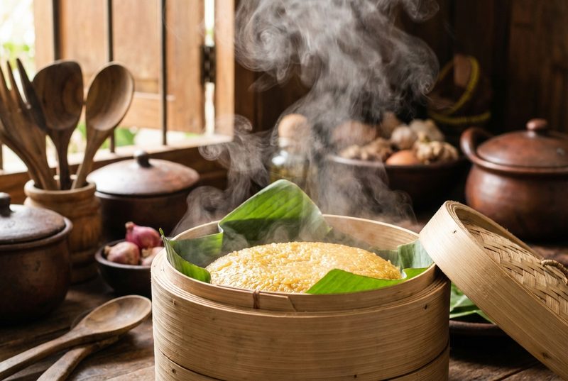 竹蒸笼中用香蕉叶蒸年糕，热气升腾