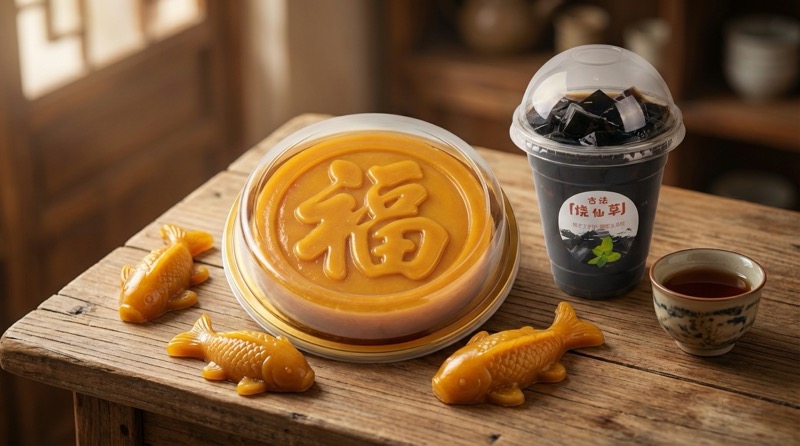 叶记手作全品类展示：古法福字年糕、鱼形年糕、仙草冻